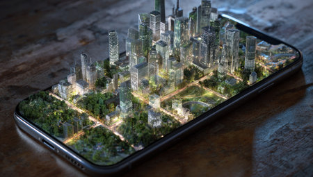 A smartphone showcases a detailed 3D rendering of a cityscape. The miniature metropolis features numerous buildings, roads, and green spaces, illuminated by artificial lighting. The composition employs a low-angle perspective, while the overall aesthetic is suggestive of technological advancements. The image is suitable for various commercial uses.の素材