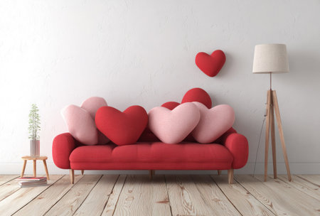 A modern interior scene showcases a red sofa adorned with heart-shaped pillows in varying shades of pink and red. The composition features a neutral white wall, wooden floors, and a simple floor lamp. This image depicts a bright and welcoming space suitable for various uses, including promotional content or editorial design.の素材