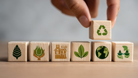 A hand places a wooden block with a recycling symbol onto a row of similar blocks, each displaying green eco-friendly icons. The objects sit on a wood surface against a neutral backdrop. The image utilizes overhead lighting and evokes concepts of conservation and environmental responsibility, suitable for diverse commercial uses.の素材