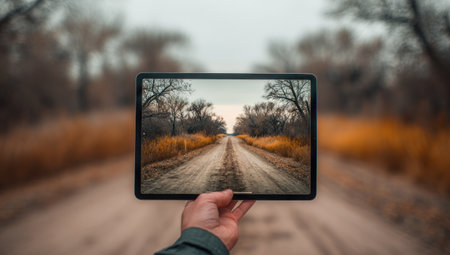A hand holds a tablet displaying a dirt road cutting through a landscape with autumnal trees. The image showcases warm earth tones contrasting with a slightly overcast sky. The composition features a central perspective, leading the eye along the path. Suitable for illustrating travel, nature, or technology concepts.の素材