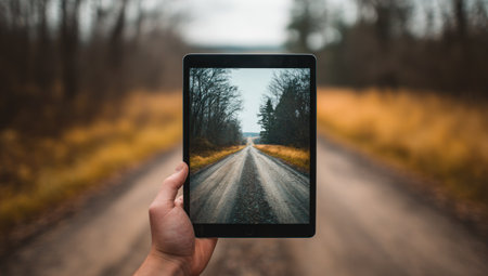 A hand holds a tablet displaying a road scene. The composition features a blurred background of a dirt road and autumn trees. The image uses natural lighting, and the overall style is photographic. It could be suitable for digital design, editorial content, or marketing materials without specific context.の素材