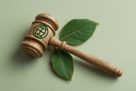 A wooden gavel with a world globe symbol rests beside two vibrant green leaves. The composition features a natural aesthetic with soft lighting and a muted pastel background. This image is suitable for various commercial uses, including legal, environmental, and conceptual themes.の素材