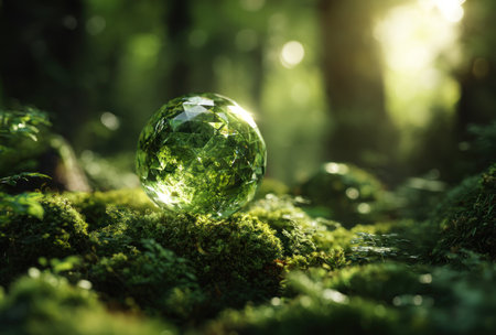 A luminous, transparent orb rests upon a bed of vibrant green moss. The scene is bathed in sunlight, suggesting an outdoor setting. The detailed textures and organic forms create a sense of depth. This image could be used for various projects needing a touch of nature or environmental themes.の素材