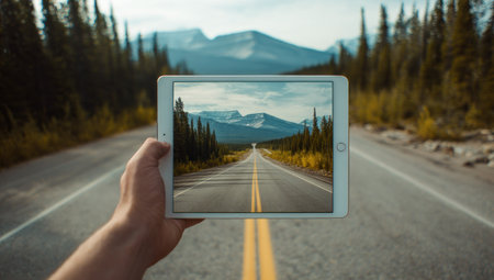 A hand holds a tablet displaying a road leading towards mountains, framed by trees. The image showcases a natural outdoor scene with daylight. The composition utilizes a wide angle and incorporates vibrant colors. This could be useful for travel, technology, or nature-related content.の素材