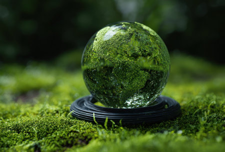 A transparent sphere, possibly representing Earth, rests on a dark ring within a lush, mossy environment. The image displays a close-up shot of the sphere reflecting green hues, with soft lighting enhancing the textures. Suitable for illustrating environmental concepts or abstract ideas.の素材