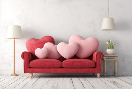 A red sofa is adorned with heart-shaped pillows in varying shades of pink. The scene is illuminated by soft overhead lighting and a floor lamp, set against a white wall. The composition is clean and inviting, suggesting a cozy indoor environment. Suitable for romance, love, and decorative themes.の素材