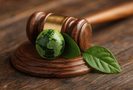 A close-up view presents a wooden gavel alongside a globe depicting continents, complemented by green leaves. The composition is set on a wooden surface, with warm tones creating a natural ambiance. This image could be applicable for various commercial and editorial projects.の素材