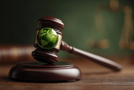 A wooden gavel rests on a matching base, with a green globe emblem replacing the usual striking head. The image displays a close-up with soft lighting and a blurred background. The color palette involves various shades of brown and green. It may be used for editorial purposes related to legal, environmental, or global issues.の素材
