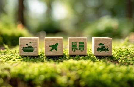 Four wooden blocks displaying transportation symbols are arranged on a bed of green moss. The blocks showcase illustrations of a ship, airplane, trucks, and a van. Soft, natural lighting bathes the scene, highlighting the textures. This image is suitable for illustrating concepts of logistics and delivery.の素材