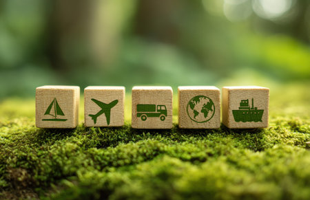 Five wooden blocks are arranged on a bed of green moss. Each block features a simple green icon representing different modes of transport. The composition is well-lit, suggesting a focus on environmental sustainability, potentially suitable for eco-friendly or travel-related publications.の素材