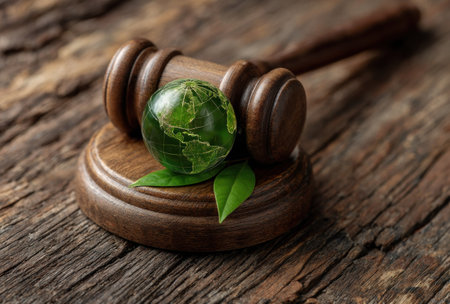 A wooden gavel rests on a wooden block, next to a glass globe with green leaves. The scene presents a symbolic representation, likely for legal matters concerning the environment. The image is composed in a studio style with a focus on detail, possibly suitable for editorial or commercial purposes.の素材