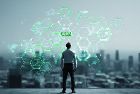 A man stands facing a stylized CO2 visualization in a futuristic city environment. The image uses a cool color palette with prominent green and blue hues and a soft focus. This composition is well-suited for illustrating climate change, environmental concerns, or sustainable technology. It may be used for various commercial or educational purposes.の素材