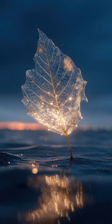 A close-up captures a transparent leaf, lit from within, floating on water. The image displays a soft, diffused glow creating a magical ambiance. Reflections enhance the visual appeal, set against a dark, blurred backdrop suggesting a serene outdoor setting. Suitable for various creative and conceptual applications.の素材