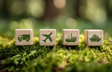 Four wooden cubes displaying transportation icons rest on lush green moss. The image features a shallow depth of field, with soft focus on the cubes and their symbols. The lighting is diffused, suggesting an outdoor setting with natural light, potentially usable for illustrating logistics or sustainable practices.の素材