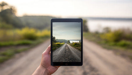 A hand holds a tablet displaying a rural road scene. The composition features a neutral-toned road leading to a body of water under a muted sky. Soft focus blurs the background vegetation and terrain. Suitable for various projects including illustrating travel and digital technology concepts.の素材