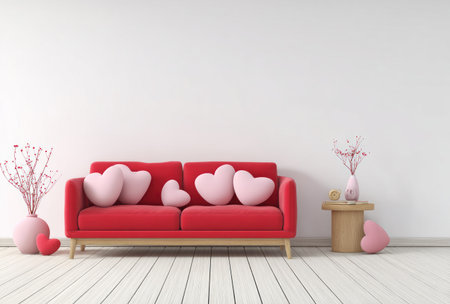 A red sofa with heart-shaped pillows is set against a white wall, complemented by vases of pink floral arrangements. The image features a wooden floor and a small table with a vase. It exhibits a clean, modern style, suitable for various design, greeting card, or decorative applications.の素材