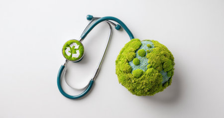 A stethoscope is draped over a spherical green object, resembling the Earth, against a plain white backdrop. The composition features a close-up perspective and bright overhead lighting, highlighting textures. This image is suitable for medical publications, environmental campaigns, or healthcare-related marketing materials.の素材