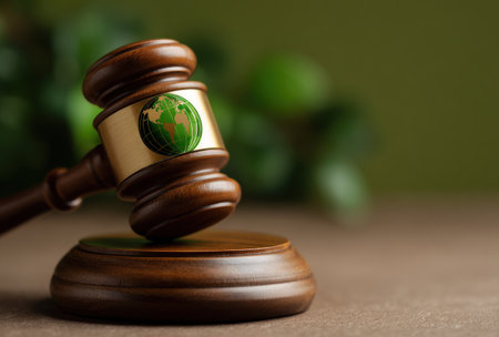 A wooden gavel rests on a wooden block, featuring an embedded earth symbol on its head. The close-up shot uses natural lighting, highlighting the textures of the wood and the shiny metal. The background presents blurred green elements, suggesting an environmental context. Suitable for legal, environmental, and editorial publications.の素材