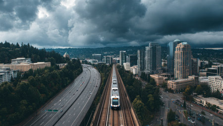 An aerial view presents a passenger train traveling on tracks, flanked by a highway, progressing towards a city center. The image showcases high-rise buildings and lush green areas under a dramatic, overcast sky. This composition could be used for transportation, infrastructure, or urban development themes.の素材
