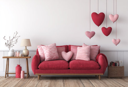 A festive interior scene showcases a red sofa adorned with pillows and heart-shaped decorations hanging from above. The composition is set against a white wall with wooden flooring. A side table with a lamp and decorative items enhances the warm ambiance, suitable for various editorial and commercial applications.の素材