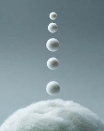 This abstract image presents a series of spheres seemingly falling onto a soft, textured base. The composition features a gradient background, enhancing the visual depth of the scene. The color palette is predominantly white and gray, suggesting a clean, minimalist aesthetic. Suitable for conceptual illustrations, design elements, and various commercial applications.の素材