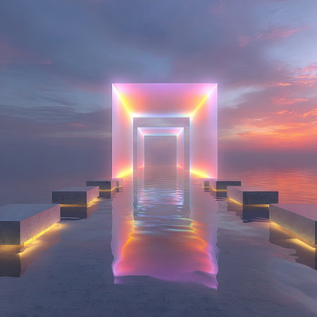 An artistic rendering presents a sequence of illuminated rectangular portals reflected on a smooth water surface. The composition features a vibrant sky transitioning through orange, pink, and purple hues. The scene incorporates clean lines, symmetrical elements, and a stylized aesthetic, suitable for various design projects and commercial applications.の素材