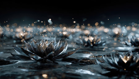 This image presents a collection of stylized lotus flowers gently resting on water. The composition showcases a dark background with sparkling bokeh, creating a magical atmosphere. The flowers display metallic textures, rendered in tones of silver and blue, while the scene suggests a serene, nighttime setting. Suitable for various creative and conceptual projects.の素材