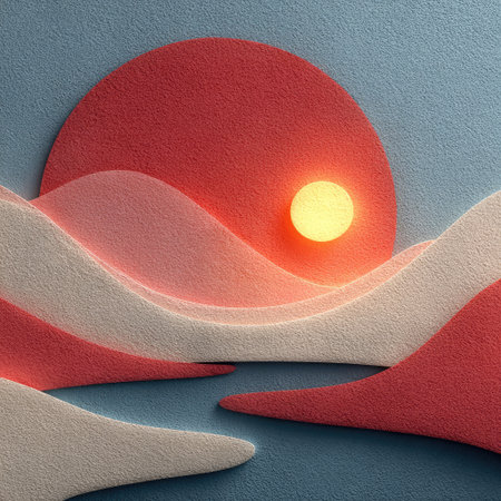 An abstract illustration presents a stylized landscape dominated by shades of red and white. Rolling hills and a vibrant red sun form the primary elements. The composition features a textured, soft appearance with a focus on color and form. Suitable for various applications including decorative designs and artistic projects.の素材