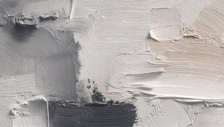 An overhead view reveals an abstract oil painting with visible brushstrokes and a textured surface. The artwork features a palette of neutral tones, including whites, grays, and subtle beige hues. This composition highlights the interplay of light and shadow, suitable for various design and decorative applications.の素材