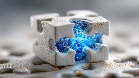 A close-up view presents a unique puzzle piece featuring a vibrant blue liquid flowing within a cut-out center. The piece, composed of a light-colored material, rests on a surface with other blurred puzzle elements. Soft focus creates depth, suggesting a conceptual theme suitable for editorial and design projects.の素材