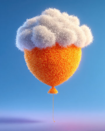 This vibrant illustration presents a stylized orange balloon with a fluffy cloud at the top, suspended against a gradient blue background. The soft texture and rounded forms create a whimsical appearance. Ideal for various projects, this image may be used for marketing, advertising or editorial purposes.の素材