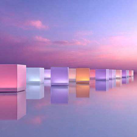 An array of glowing cubes is arranged in a line, with a gradient of colors from pink to orange and purple. The scene is bathed in soft, diffused light, possibly a sunset or sunrise, creating reflections. The smooth surface beneath the cubes enhances the visual depth and could be used for various commercial or artistic purposes.の素材