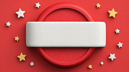 An overhead view reveals a stylized composition on a red surface. A red circular frame surrounds a rectangular white space, with scattered star shapes. The color palette primarily features red and white, creating a simple, clean design suitable for various design applications.の素材