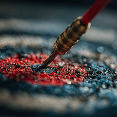 A close-up captures a dart piercing the center of a target, its red and blue rings contrasting sharply. The composition emphasizes the precise impact. The image showcases textures, with soft focus elements suggesting a controlled environment. The visual style offers potential applications in various commercial contexts.の素材