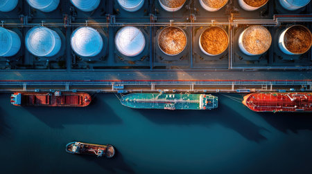 An overhead view reveals a complex of large industrial tanks alongside several cargo ships. The image displays a diverse color palette, with hues of blue, brown and white. The composition suggests an outdoor industrial environment under bright sunlight, suitable for commercial applications.の素材
