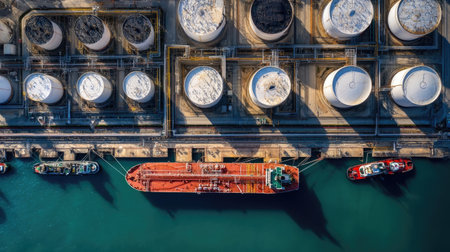 An overhead view reveals a tanker ship docked near numerous cylindrical storage tanks. The scene showcases a composition of varied shapes and colors, including the ship, tanks, and surrounding water. The setting appears to be an industrial environment, and this image could be suitable for commercial and editorial purposes.の素材