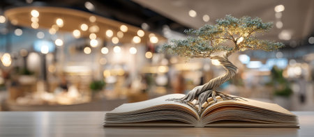 An open book with a miniature bonsai tree growing from it sits on a surface. The tree features green foliage and a twisted trunk. The background is intentionally blurred, with warm lights creating an inviting and serene atmosphere, possibly signifying learning or knowledge. This could be used in various commercial or editorial contexts.の素材