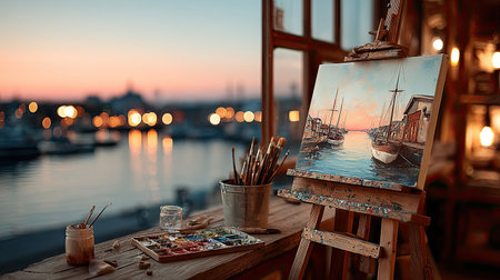 An easel displays a painting depicting a harbor scene with boats at sunset. The artwork is composed using warm colors, soft textures, and natural lighting, hinting at a classical artistic style. Suitable for illustrating creativity, art, or visual content for commercial and editorial purposes. The setting appears to be indoors with a view to the outside.の素材