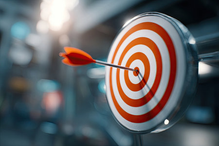 An arrow penetrates the center of a target, symbolizing success and achievement. The image features a circular target with concentric red and white rings. The composition uses selective focus, with the arrow and target in sharp detail against a blurred background, suggesting a focused environment suitable for various commercial purposes.の素材
