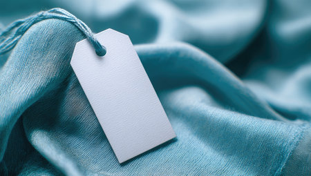 A close-up view presents a blank label hanging from a turquoise fabric. The fabric displays smooth textures and folds. The lighting appears soft and indirect, suggesting an indoor setting. This image could be used for product presentations, design concepts, or general marketing materials.の素材