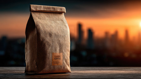 A brown paper bag sits prominently on a wooden surface, with a blurred cityscape as the backdrop. The image features warm tones and natural light, suggesting a sunset or sunrise setting. This composition could be used for product presentations, advertising concepts, or editorial content related to food packaging.の素材