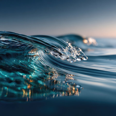 A close-up view presents a clear ocean wave curling with intricate detail. The image showcases transparent water and highlights reflections of sunlight, creating a dynamic visual. The composition suggests the outdoors during daylight, appropriate for various editorial and commercial applications.の素材