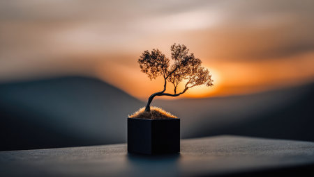 A bonsai tree sits in a dark pot on a reflective surface, contrasted by a soft, blurred sunset sky. The scene is bathed in warm, golden light with shades of orange and brown. This image could be used for various projects needing a tranquil, nature-inspired visual, such as websites or print materials.の素材