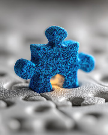 A close-up captures a blue jigsaw puzzle piece, textured and standing out against a blurred gray background. The composition highlights the piece's three-dimensional form. This image employs shallow depth of field, emphasizing the primary object. Suitable for editorial and commercial use, such as illustrating concepts of problem-solving or teamwork.の素材