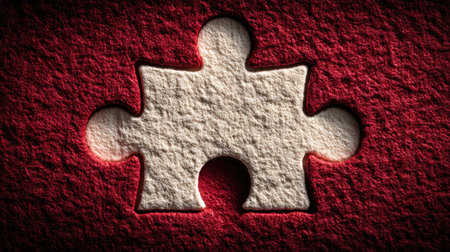 A close-up image showcases a single jigsaw puzzle piece against a textured red background. The piece is a lighter color, contrasting with the dark red. The composition highlights the shape and texture of both elements, suggesting an indoor setting. This image could be useful for illustrating concepts of problem-solving or completeness.の素材