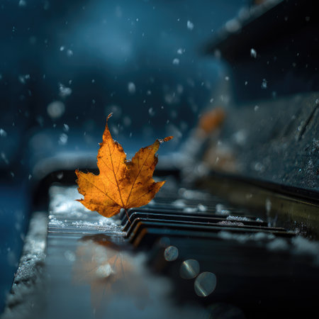 An orange leaf lies on a piano keyboard, covered with snow in a low-light shot. The image is set against a blurred blue background, with falling snowflakes. This evocative image is suitable for artistic, seasonal, and conceptual purposes, and could be used for print or digital media.の素材