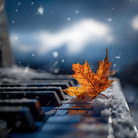 An autumn leaf rests on a piano keyboard covered in snow. The composition showcases warm leaf colors contrasted by the cold, snowy environment. Soft lighting illuminates the scene, suggesting a winter day. Suitable for various editorial or commercial projects, the image conveys a sense of seasonal transition.の素材