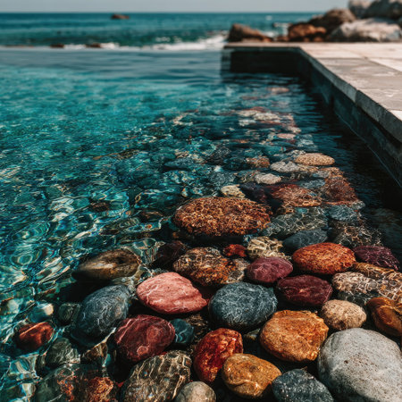 This image showcases a vibrant array of colorful stones partially submerged in clear water, with a glimpse of the ocean in the background. The stones display various textures and shades. It could be used for illustrating articles about nature, relaxation, or artistic concepts. The scene conveys a sense of tranquility and natural beauty.の素材