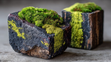 Two stone planters are shown, each with a vibrant green moss growing on top. The rough-hewn texture of the dark-colored stone contrasts with the soft green. The composition highlights natural elements and could be used for decorative purposes or in projects related to nature and design.の素材