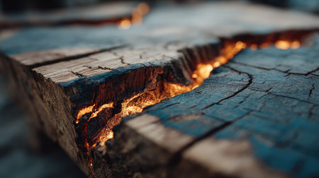 This close-up image presents a weathered wooden surface with deep cracks. The fractures reveal a warm, glowing orange light emanating from within. The composition highlights textures and contrasts, creating a visual appeal suitable for various commercial purposes, including design and editorial applications. The image suggests an indoor setting.の素材